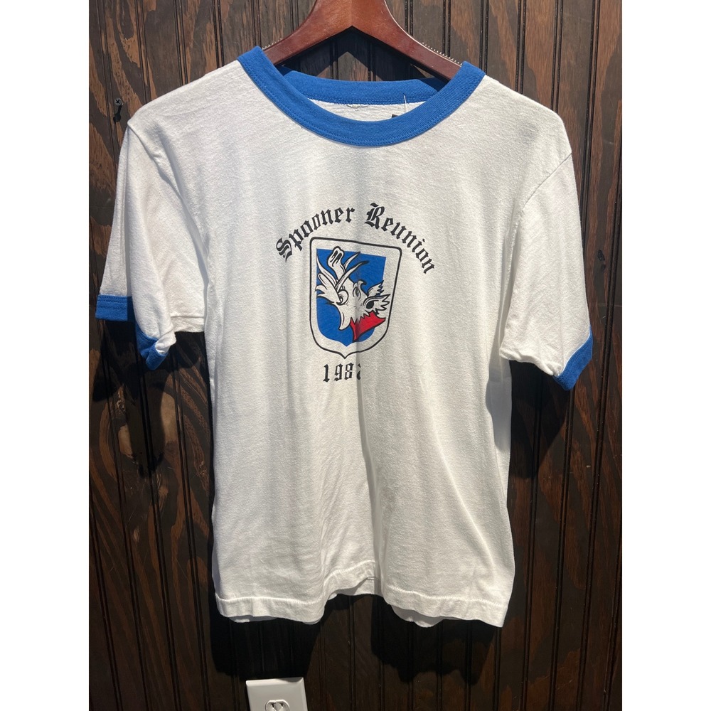 Vintage 1987 Spooner Reunion Ringer T-Shirt White Blue Graphic Tee 80s Shirt